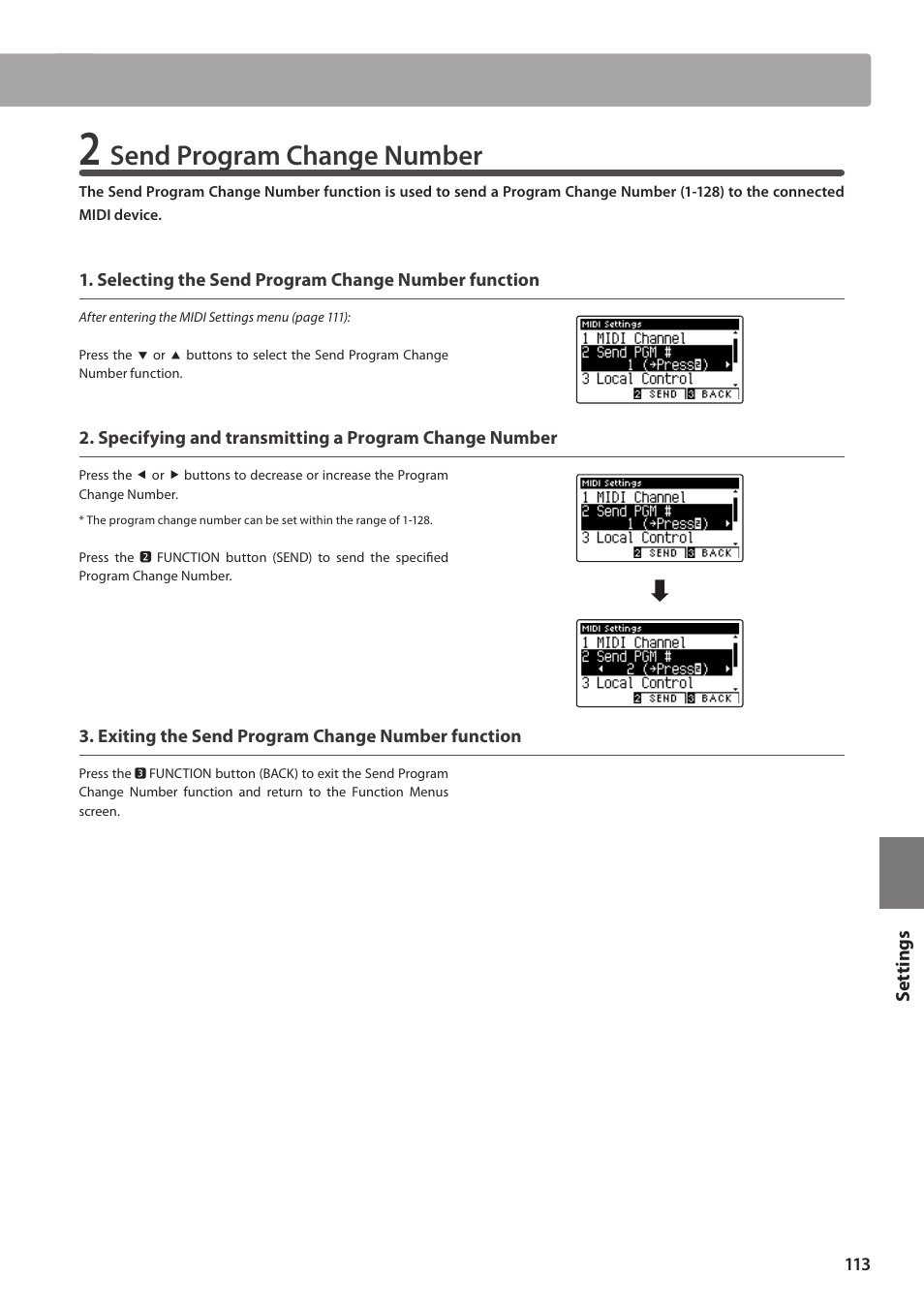 Send program change number | Kawai CA97 User Manual | Page 113 / 152
