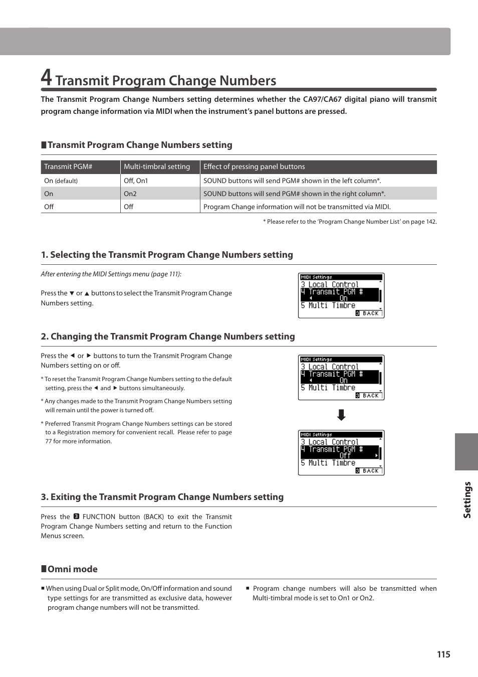 Transmit program change numbers, Set tings | Kawai CA97 User Manual | Page 115 / 152