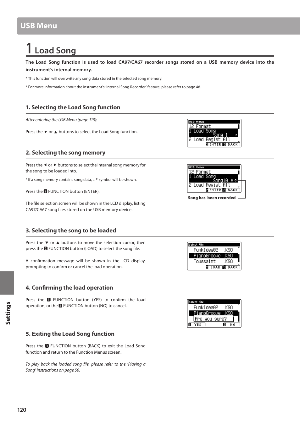Load song, Usb menu | Kawai CA97 User Manual | Page 120 / 152