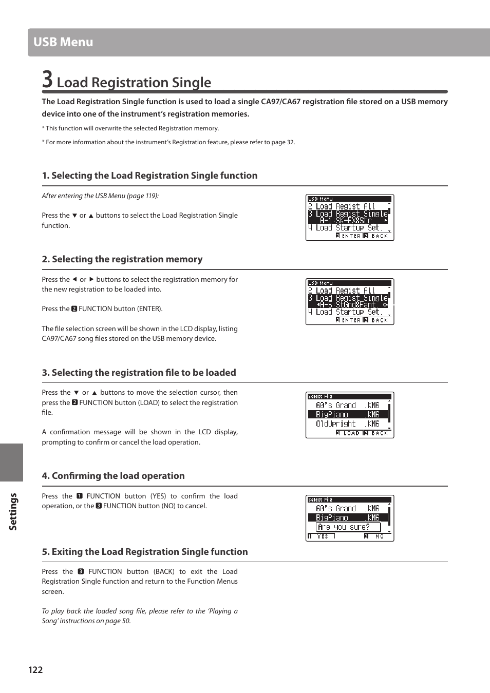 Load registration single, Usb menu | Kawai CA97 User Manual | Page 122 / 152