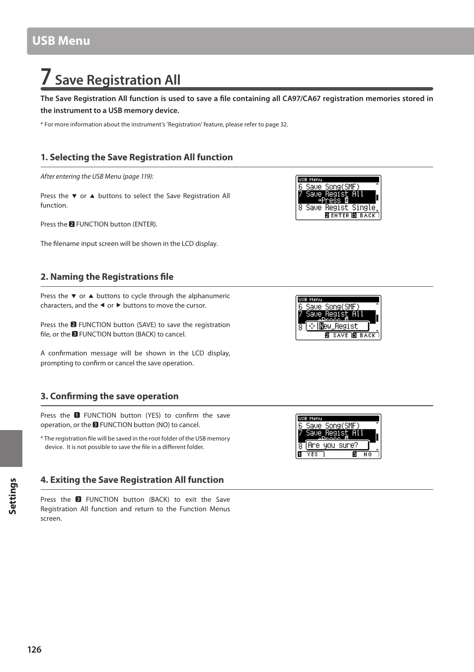 Save registration all, Usb menu | Kawai CA97 User Manual | Page 126 / 152