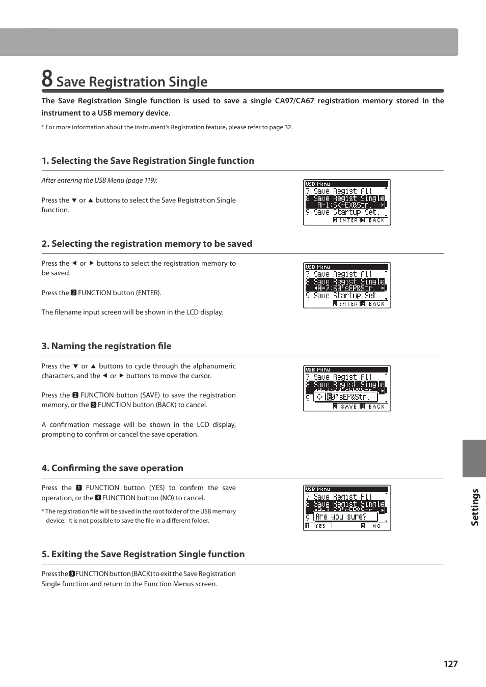 Save registration single, Set tings | Kawai CA97 User Manual | Page 127 / 152