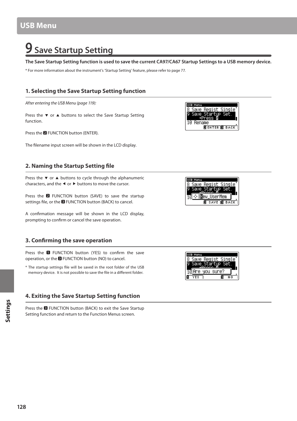 Save startup setting, Usb menu | Kawai CA97 User Manual | Page 128 / 152