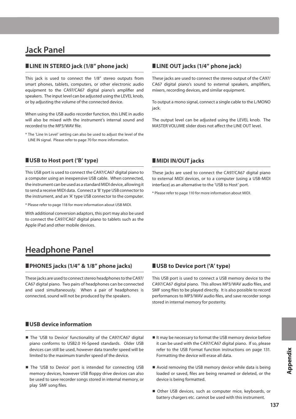 Jack panel, Headphone panel | Kawai CA97 User Manual | Page 137 / 152