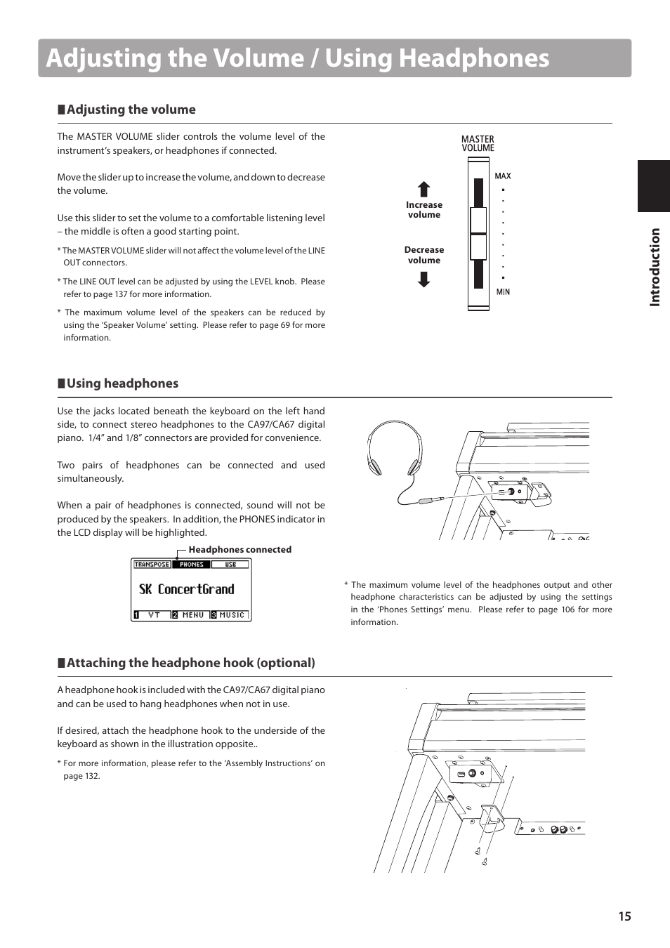 Adjusting the volume / using headphones, Adjusting the volume, Using headphones | Attaching the headphone hook (optional) | Kawai CA97 User Manual | Page 15 / 152