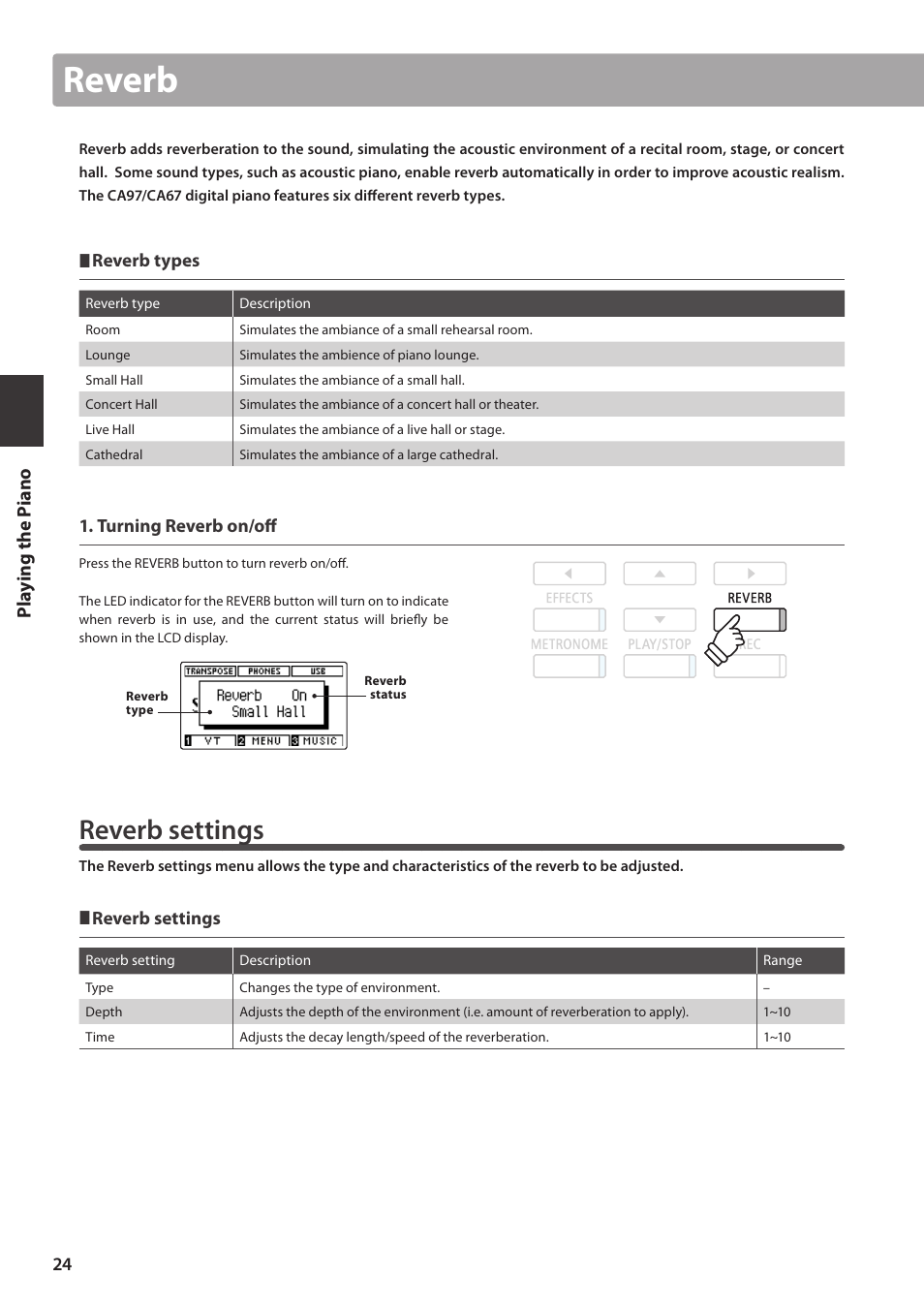 Reverb, Reverb settings, Pla y ing the p iano | Kawai CA97 User Manual | Page 24 / 152
