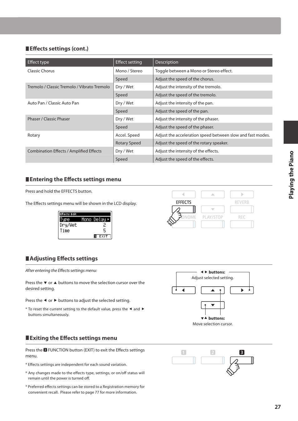Pla y ing the p iano, Effects settings (cont.), Entering the effects settings menu | Adjusting effects settings, Exiting the effects settings menu | Kawai CA97 User Manual | Page 27 / 152