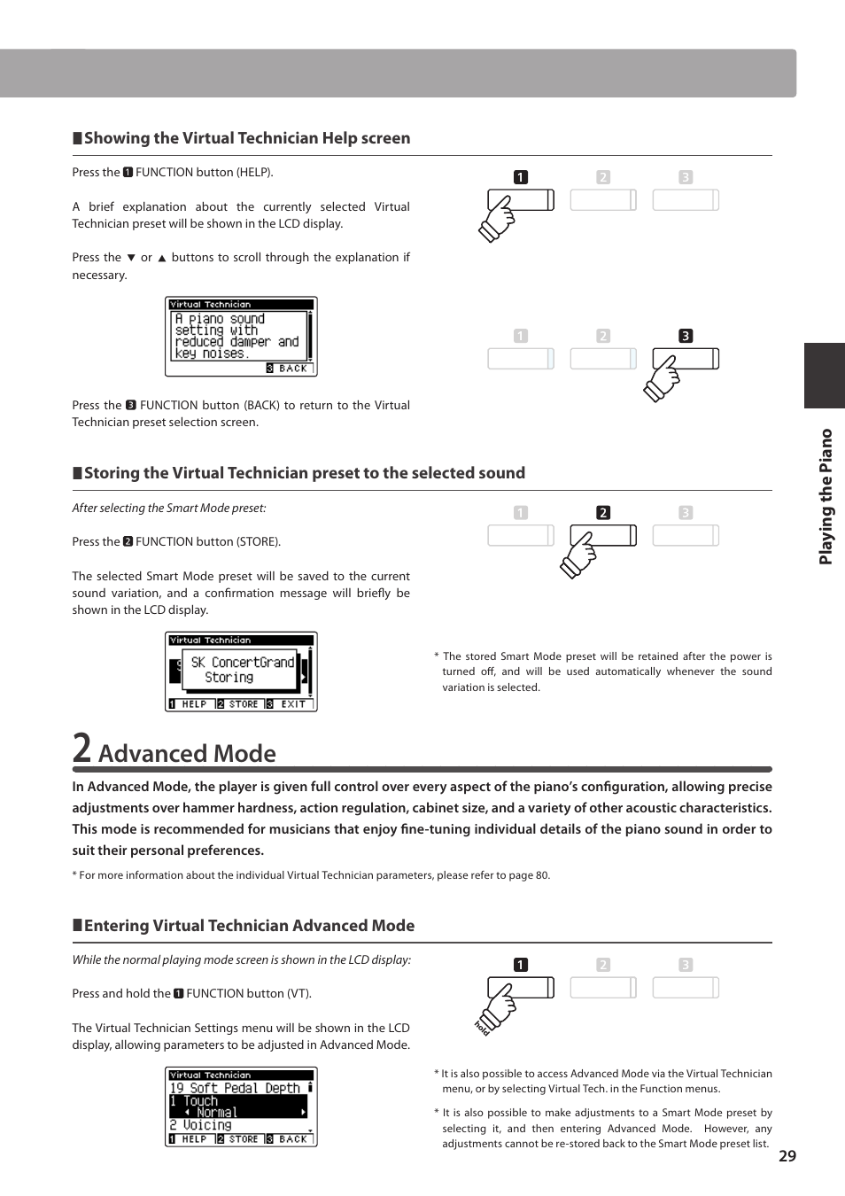 Advanced mode, Pla y ing the p iano | Kawai CA97 User Manual | Page 29 / 152