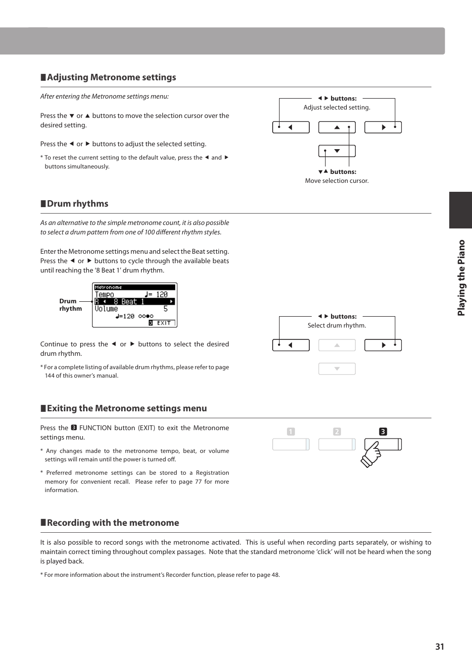 Pla y ing the p iano, Adjusting metronome settings, Drum rhythms | Exiting the metronome settings menu, Recording with the metronome | Kawai CA97 User Manual | Page 31 / 152