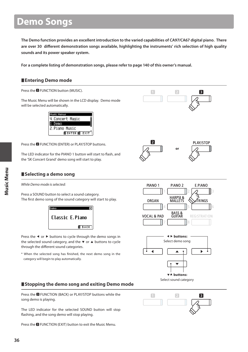 Demo songs, Music m en u | Kawai CA97 User Manual | Page 36 / 152