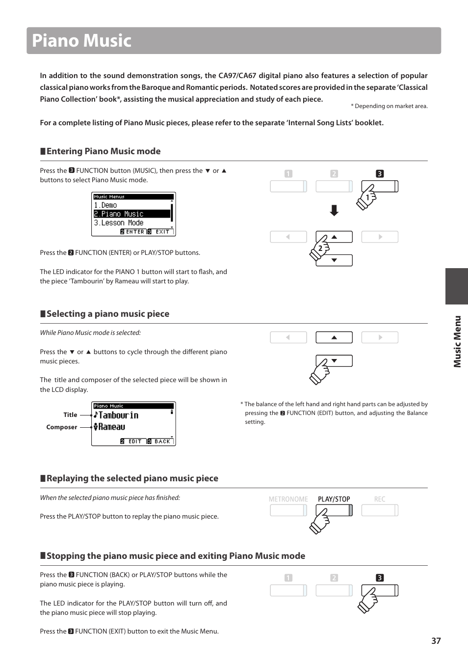 Piano music, Music m en u | Kawai CA97 User Manual | Page 37 / 152