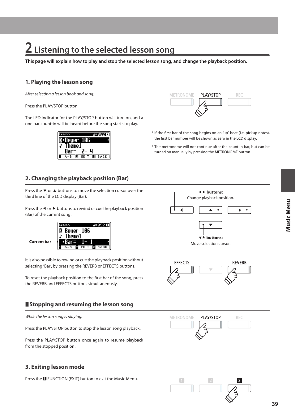 Listening to the selected lesson song, Music m en u | Kawai CA97 User Manual | Page 39 / 152