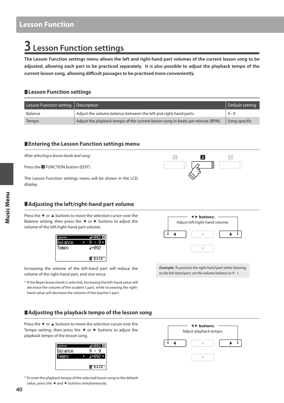 Lesson function settings, Lesson function, Music m en u | Kawai CA97 User Manual | Page 40 / 152