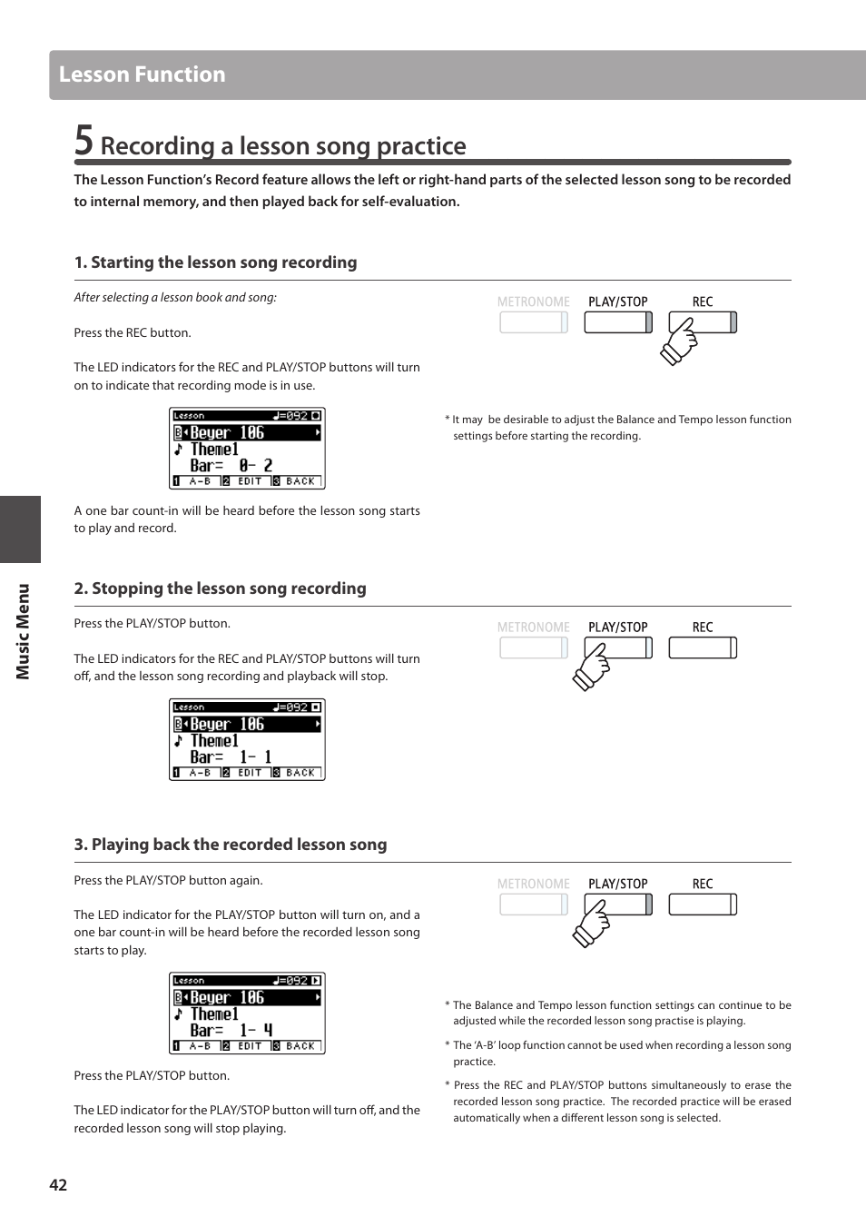 Recording a lesson song practice, Lesson function, Music m en u | Kawai CA97 User Manual | Page 42 / 152