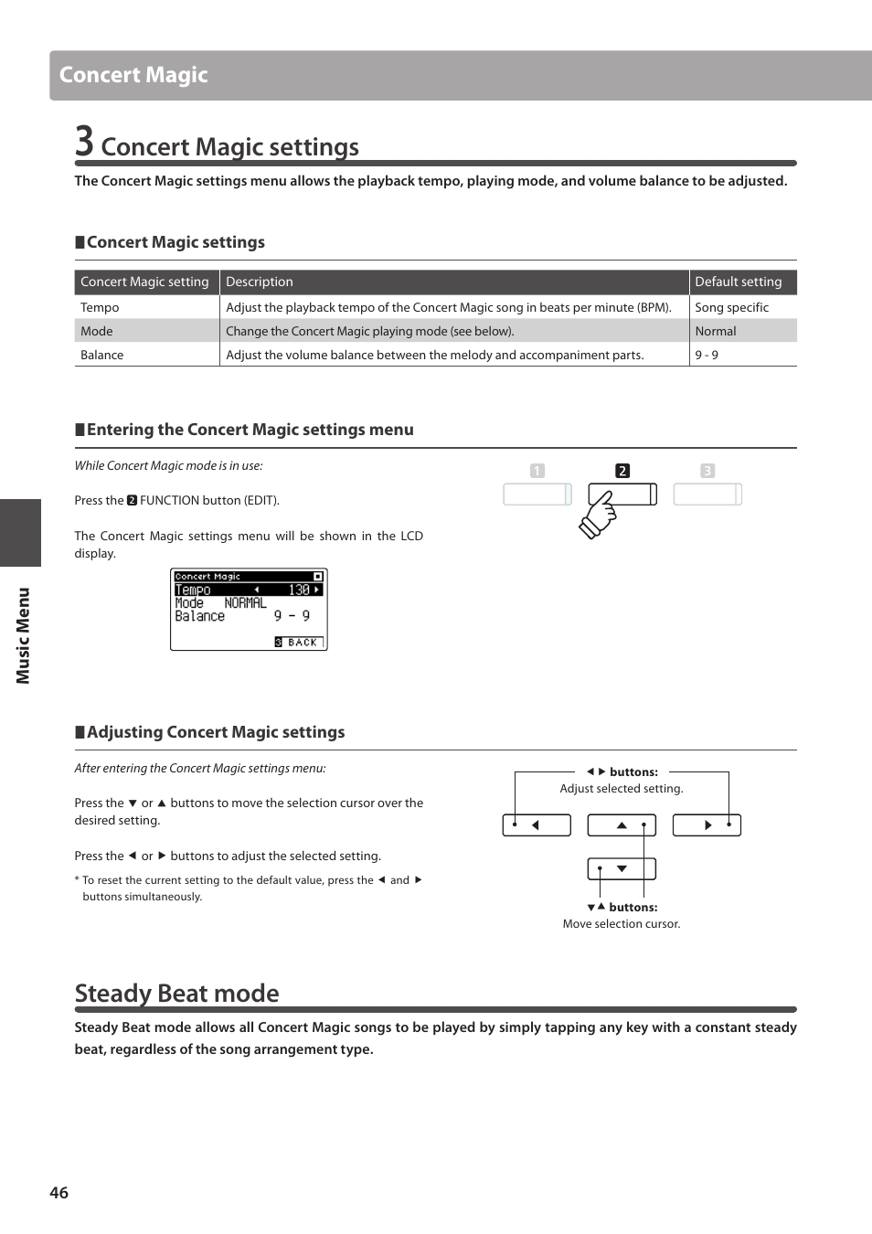 Concert magic settings, Steady beat mode, Concert magic | Kawai CA97 User Manual | Page 46 / 152