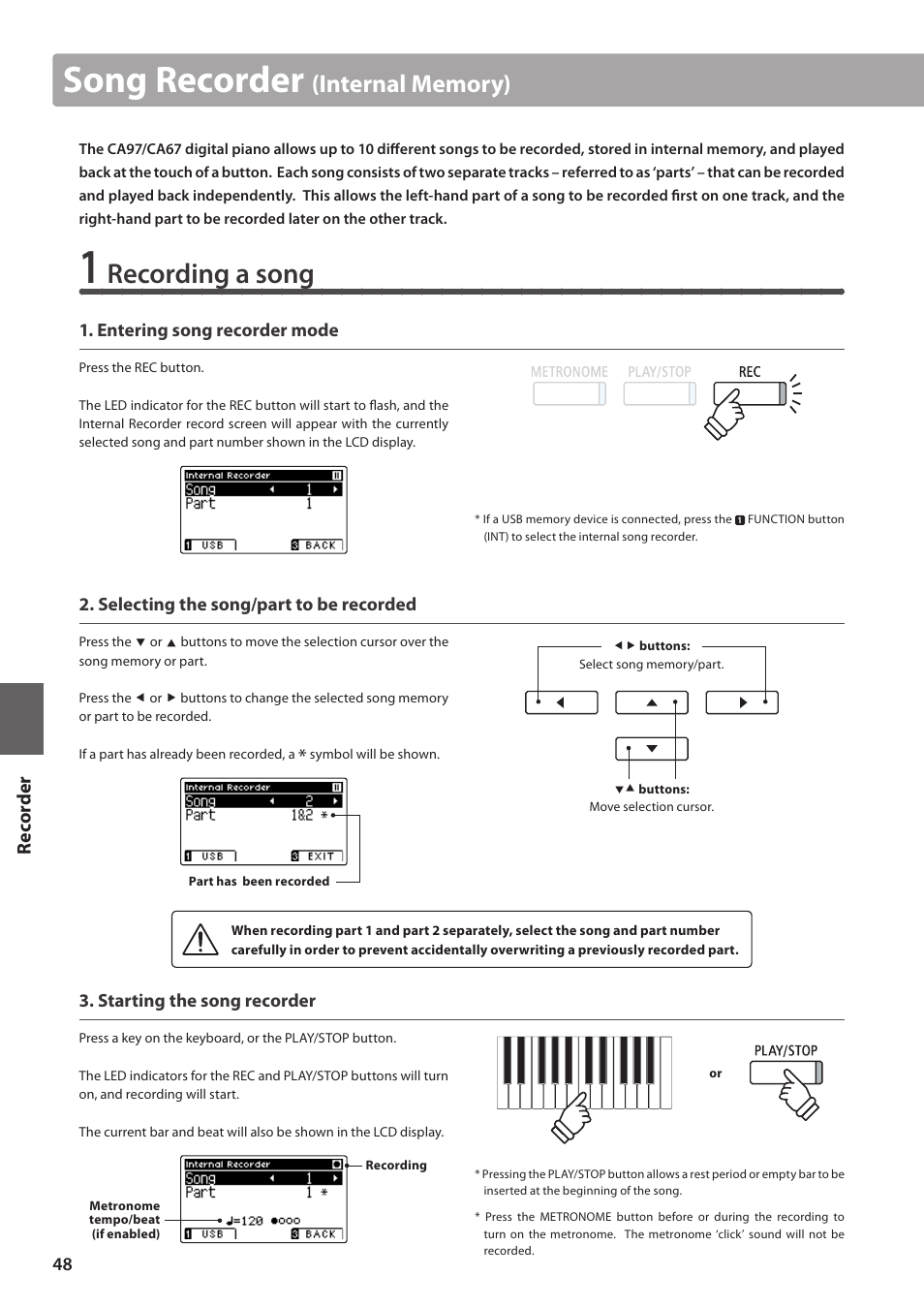 Song recorder, Recording a song, Re corde r | Kawai CA97 User Manual | Page 48 / 152
