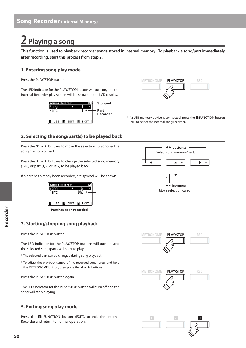 Playing a song, Song recorder, Re corde r | Kawai CA97 User Manual | Page 50 / 152