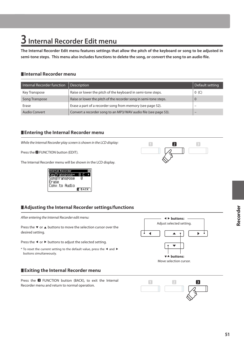 Internal recorder edit menu, Re corde r | Kawai CA97 User Manual | Page 51 / 152