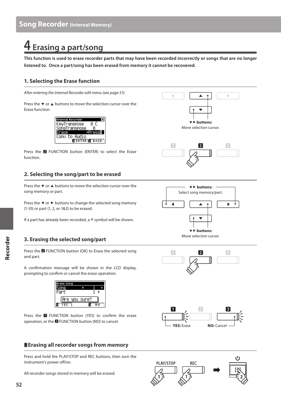 Erasing a part/song, Song recorder, Re corde r | Kawai CA97 User Manual | Page 52 / 152