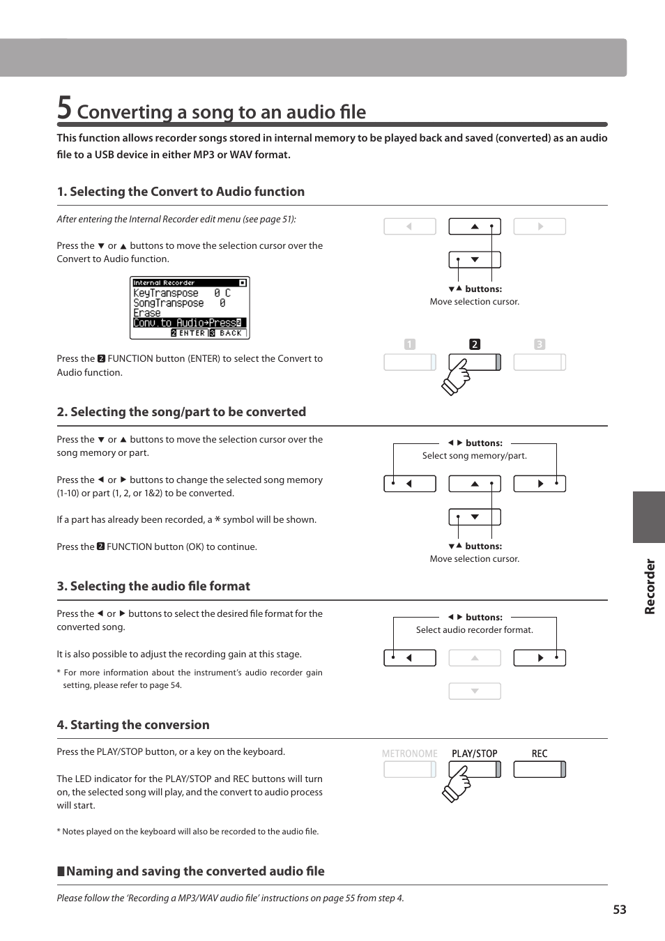 Converting a song to an audio file, Re corde r | Kawai CA97 User Manual | Page 53 / 152