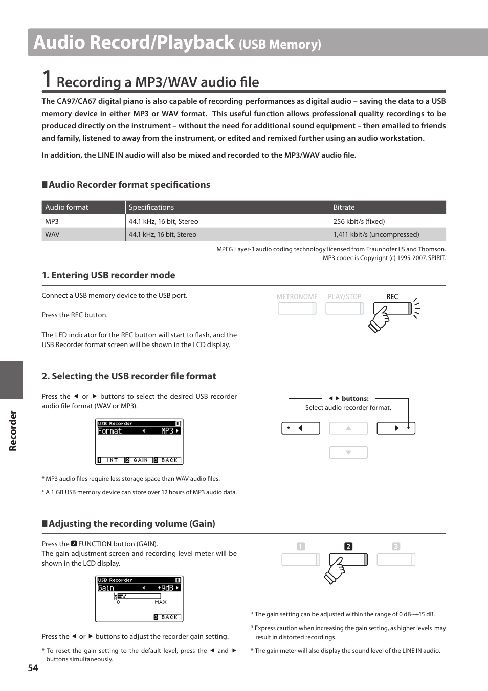 Audio record/playback, Recording a mp3/wav audio file, Re corde r | Kawai CA97 User Manual | Page 54 / 152