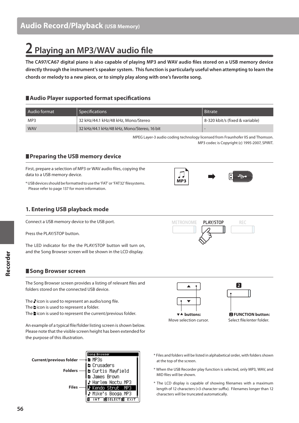 Playing an mp3/wav audio file, Audio record/playback, Re corde r | Kawai CA97 User Manual | Page 56 / 152