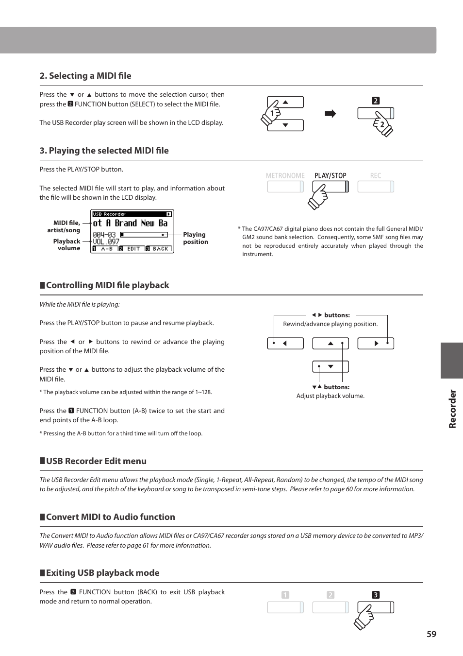 Re corde r, Selecting a midi file, Playing the selected midi file | Controlling midi file playback, Usb recorder edit menu, Convert midi to audio function, Exiting usb playback mode | Kawai CA97 User Manual | Page 59 / 152