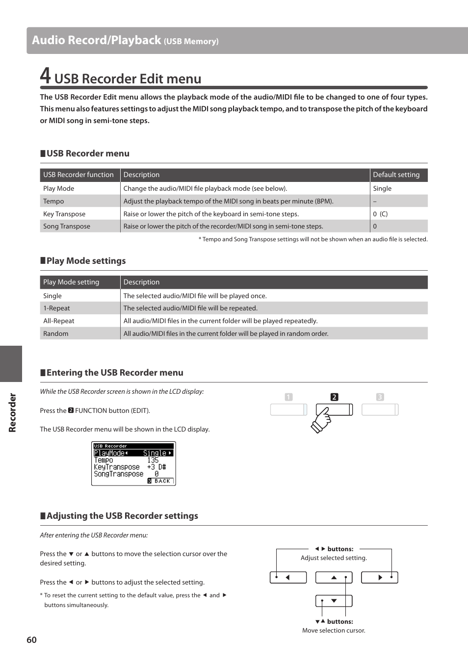 Usb recorder edit menu, Audio record/playback, Re corde r | Kawai CA97 User Manual | Page 60 / 152