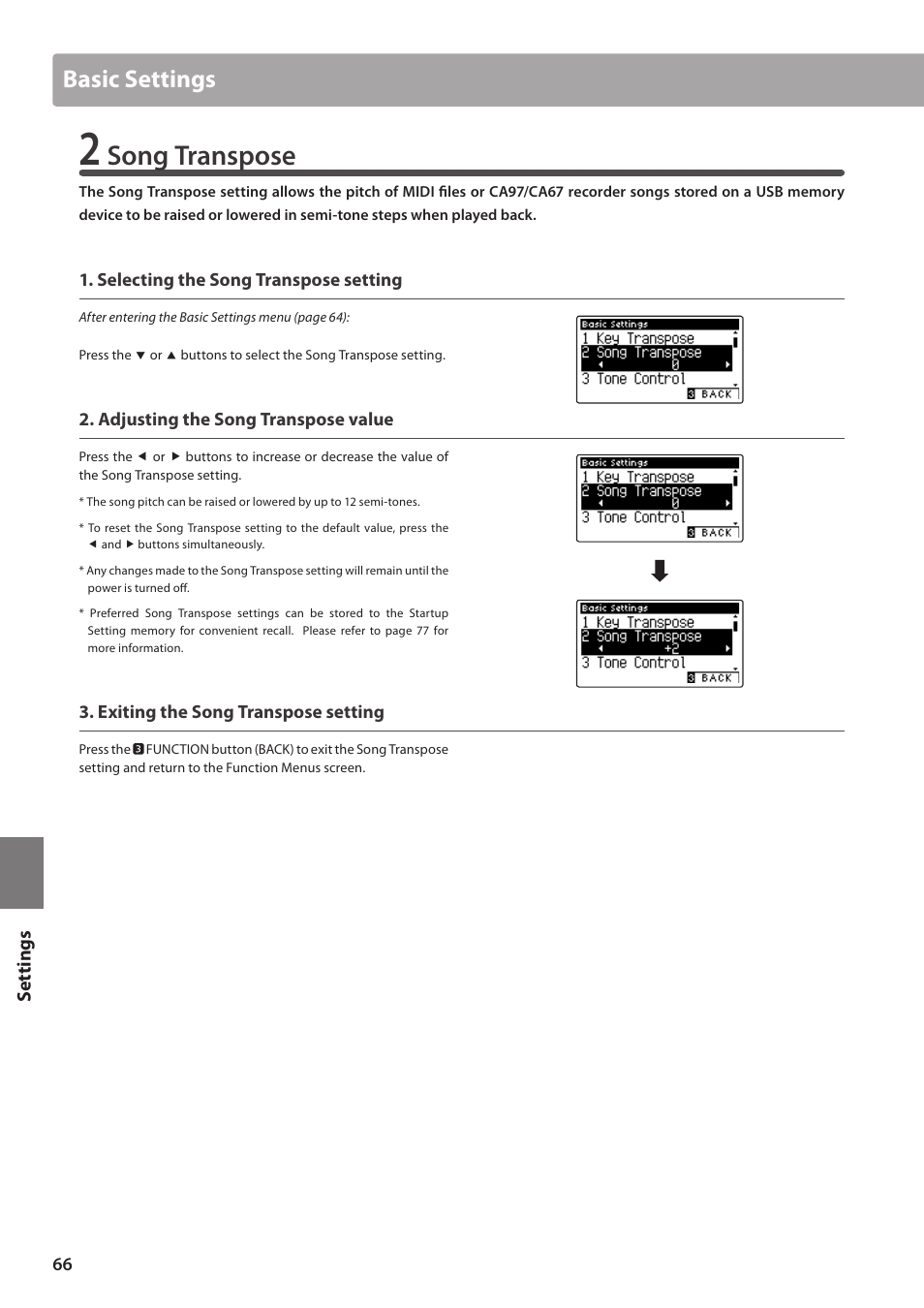 Song transpose, Basic settings | Kawai CA97 User Manual | Page 66 / 152