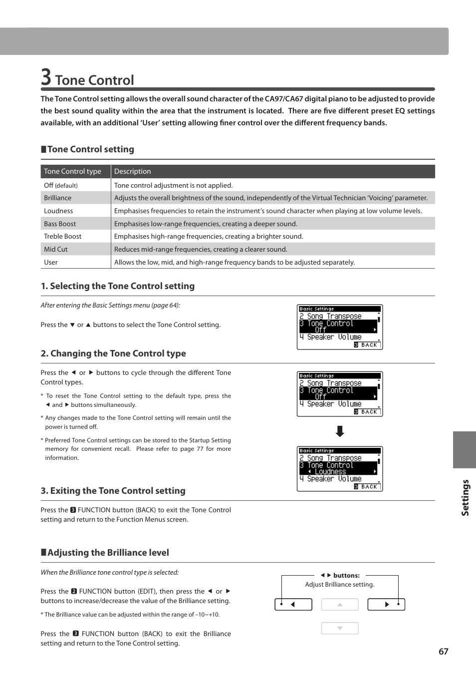 Tone control, Set tings, Tone control setting | Selecting the tone control setting, Changing the tone control type, Exiting the tone control setting, Adjusting the brilliance level | Kawai CA97 User Manual | Page 67 / 152
