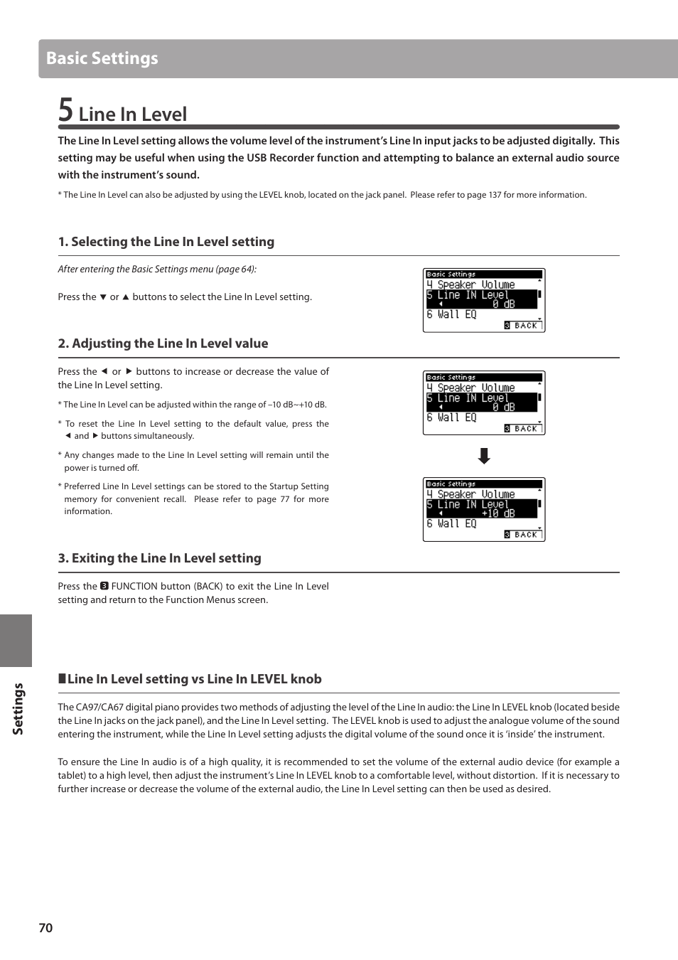 Line in level, Basic settings, Set tings | Kawai CA97 User Manual | Page 70 / 152