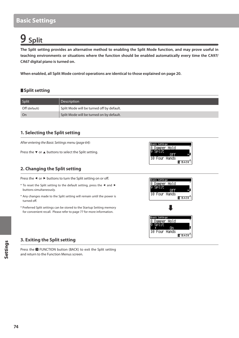 Split, Basic settings | Kawai CA97 User Manual | Page 74 / 152