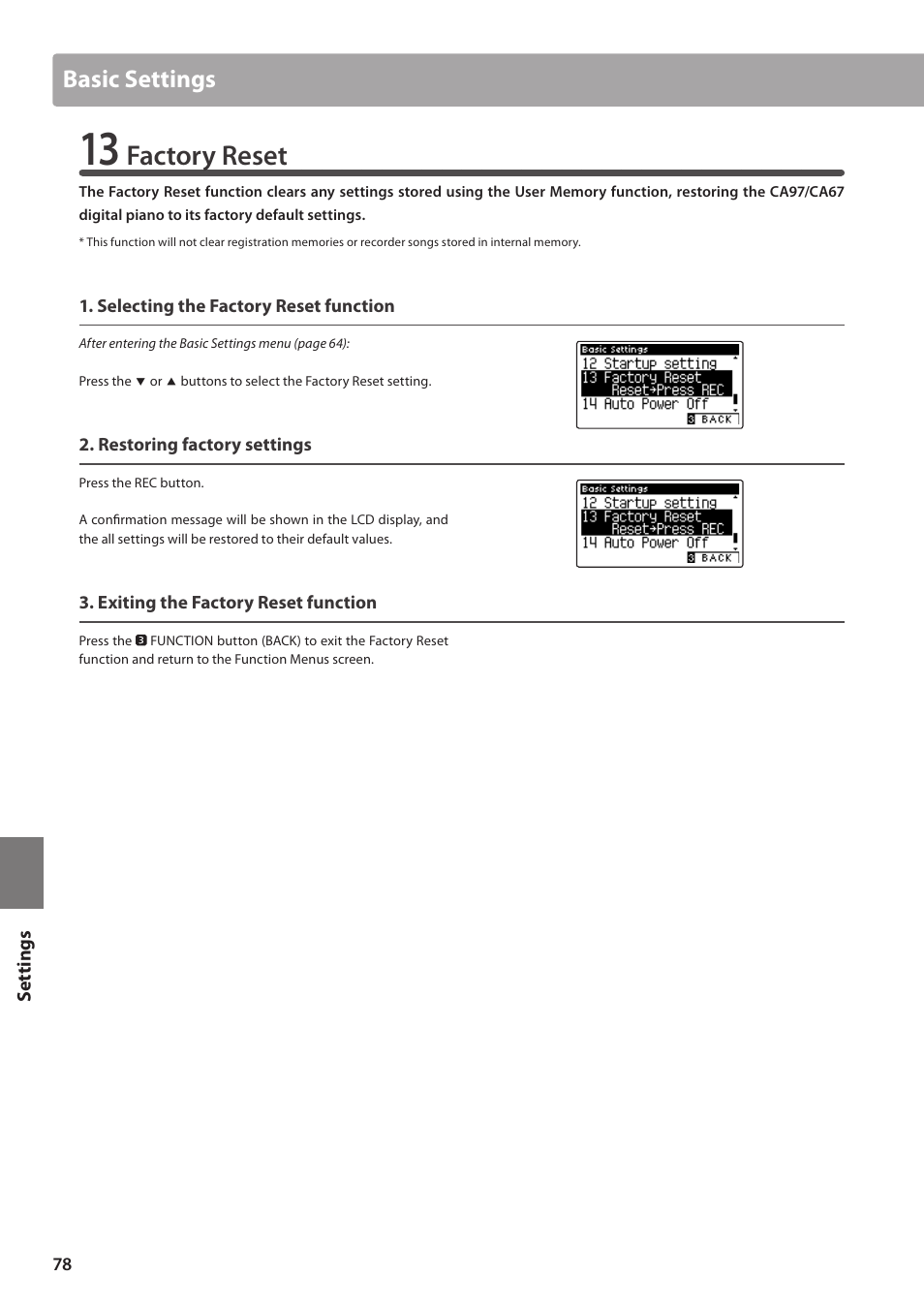Factory reset, Basic settings | Kawai CA97 User Manual | Page 78 / 152
