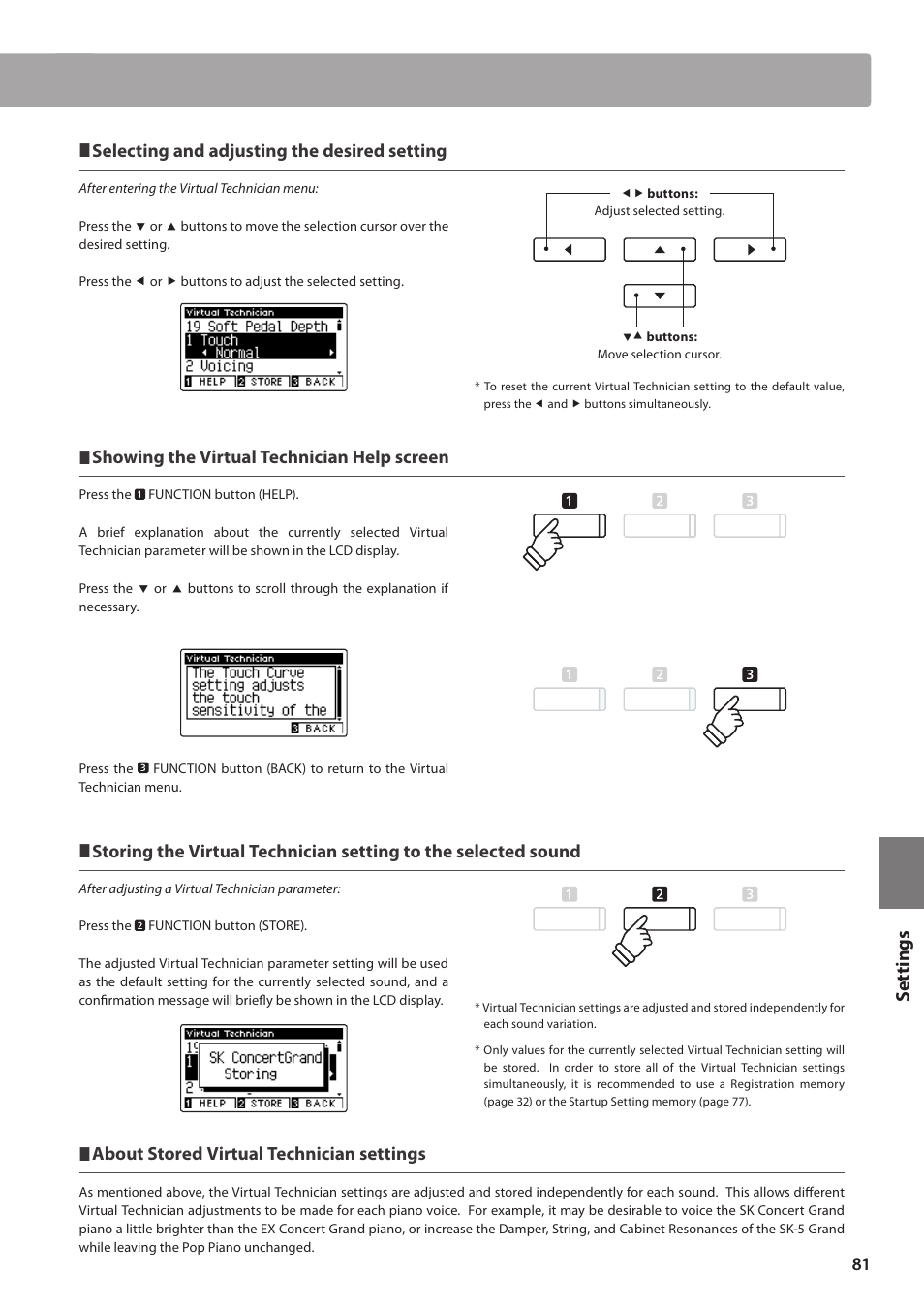 Set tings, Selecting and adjusting the desired setting, Showing the virtual technician help screen | About stored virtual technician settings | Kawai CA97 User Manual | Page 81 / 152