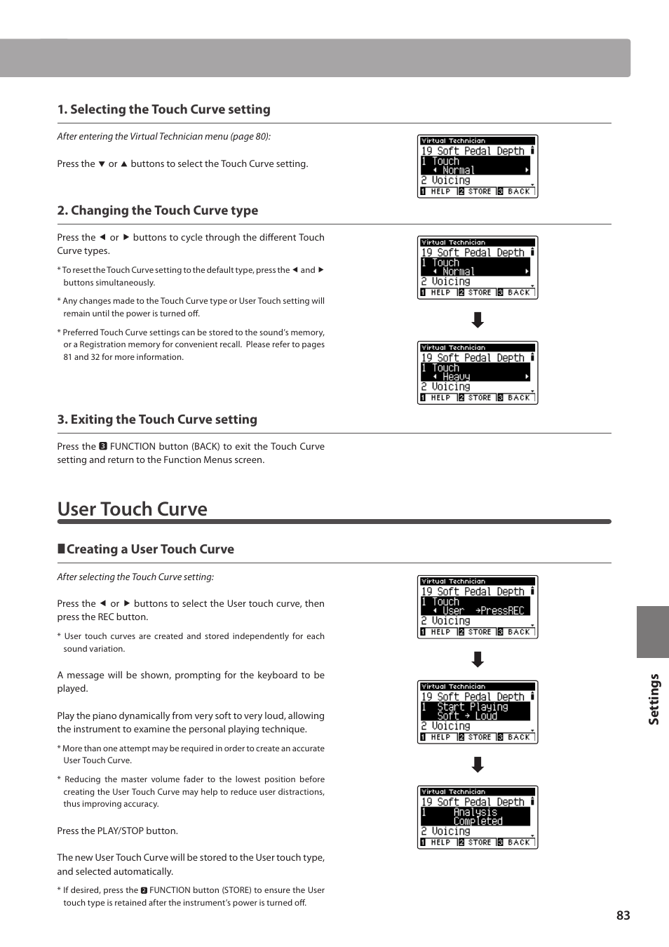 User touch curve, Set tings, Selecting the touch curve setting | Changing the touch curve type, Exiting the touch curve setting, Creating a user touch curve | Kawai CA97 User Manual | Page 83 / 152