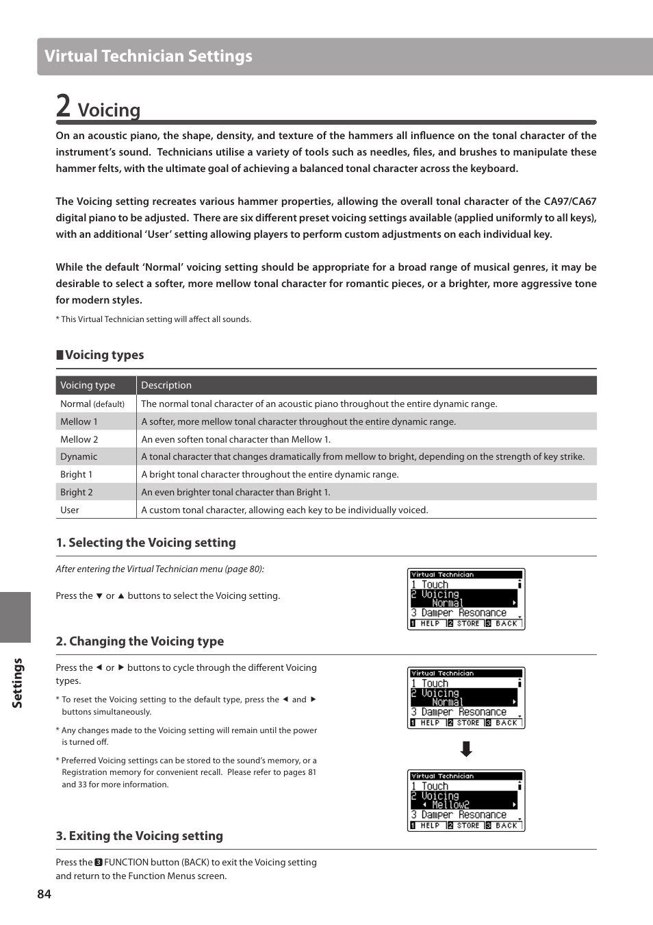 Voicing, Virtual technician settings, Set tings | Kawai CA97 User Manual | Page 84 / 152