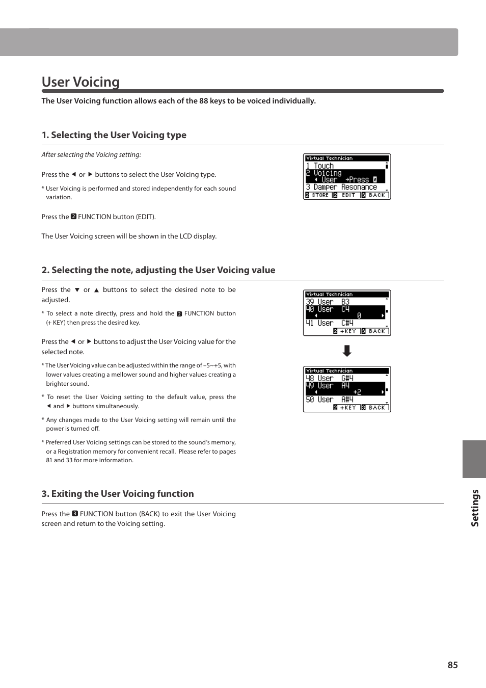 User voicing, Set tings, Selecting the user voicing type | Exiting the user voicing function | Kawai CA97 User Manual | Page 85 / 152