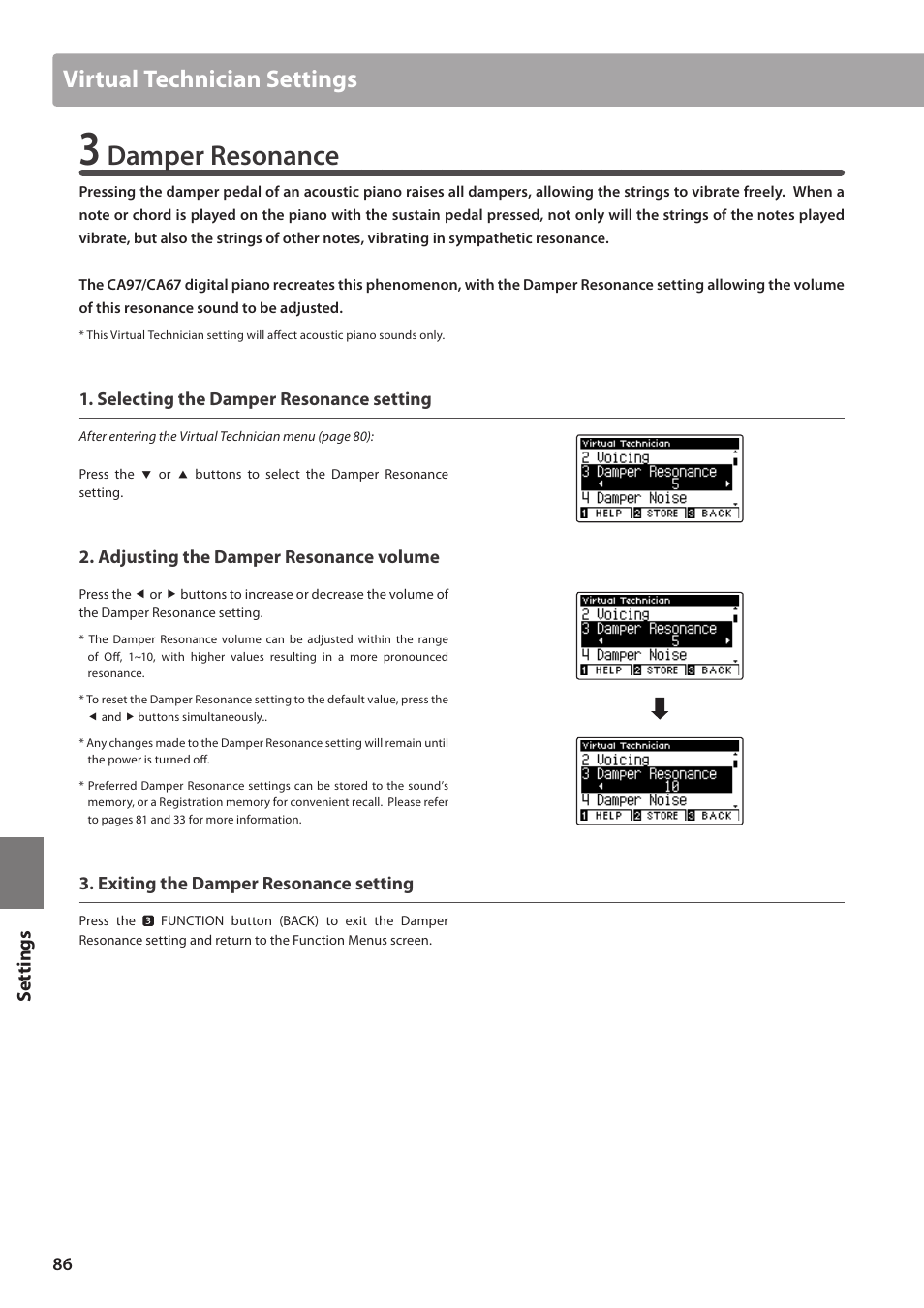 Damper resonance, Virtual technician settings, Set tings | Kawai CA97 User Manual | Page 86 / 152
