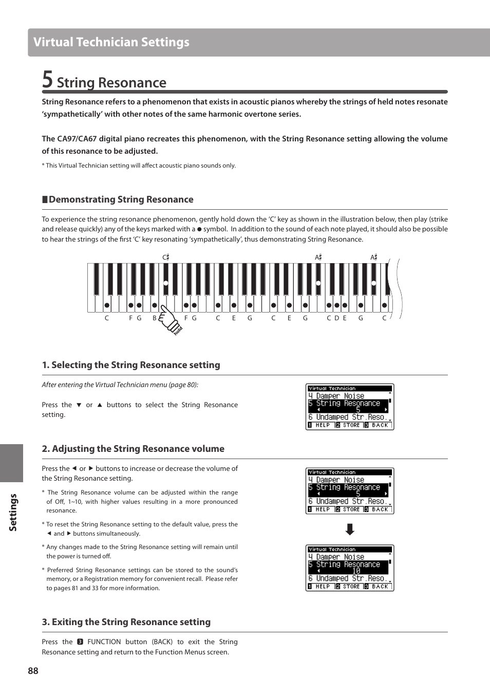 String resonance, Virtual technician settings, Set tings | Demonstrating string resonance, Selecting the string resonance setting, Adjusting the string resonance volume, Exiting the string resonance setting | Kawai CA97 User Manual | Page 88 / 152