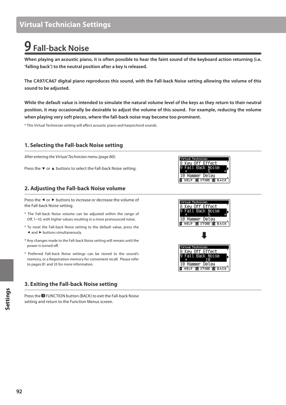 Fall-back noise, Virtual technician settings | Kawai CA97 User Manual | Page 92 / 152