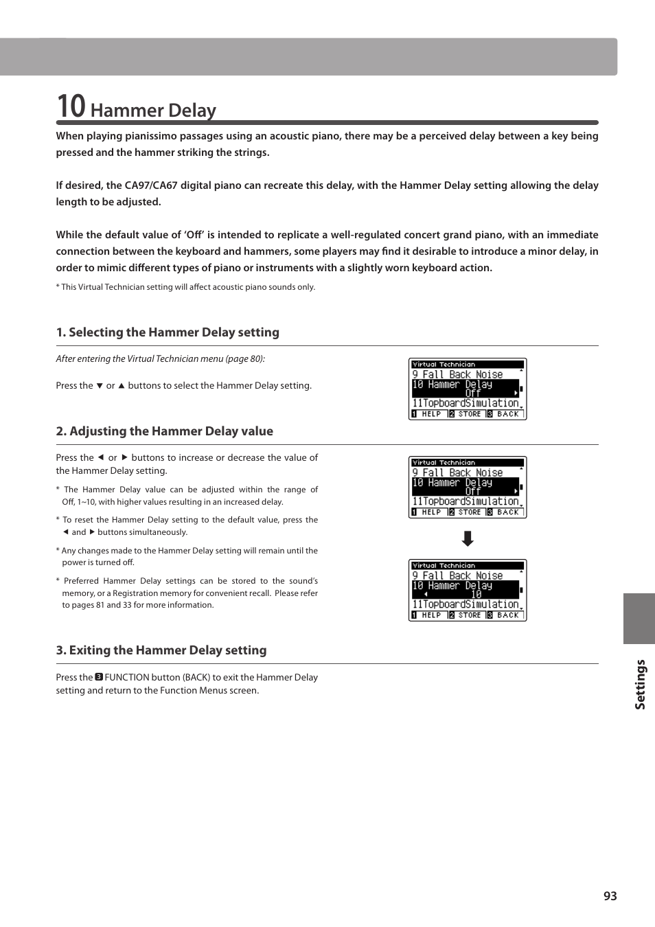 Hammer delay, Set tings | Kawai CA97 User Manual | Page 93 / 152