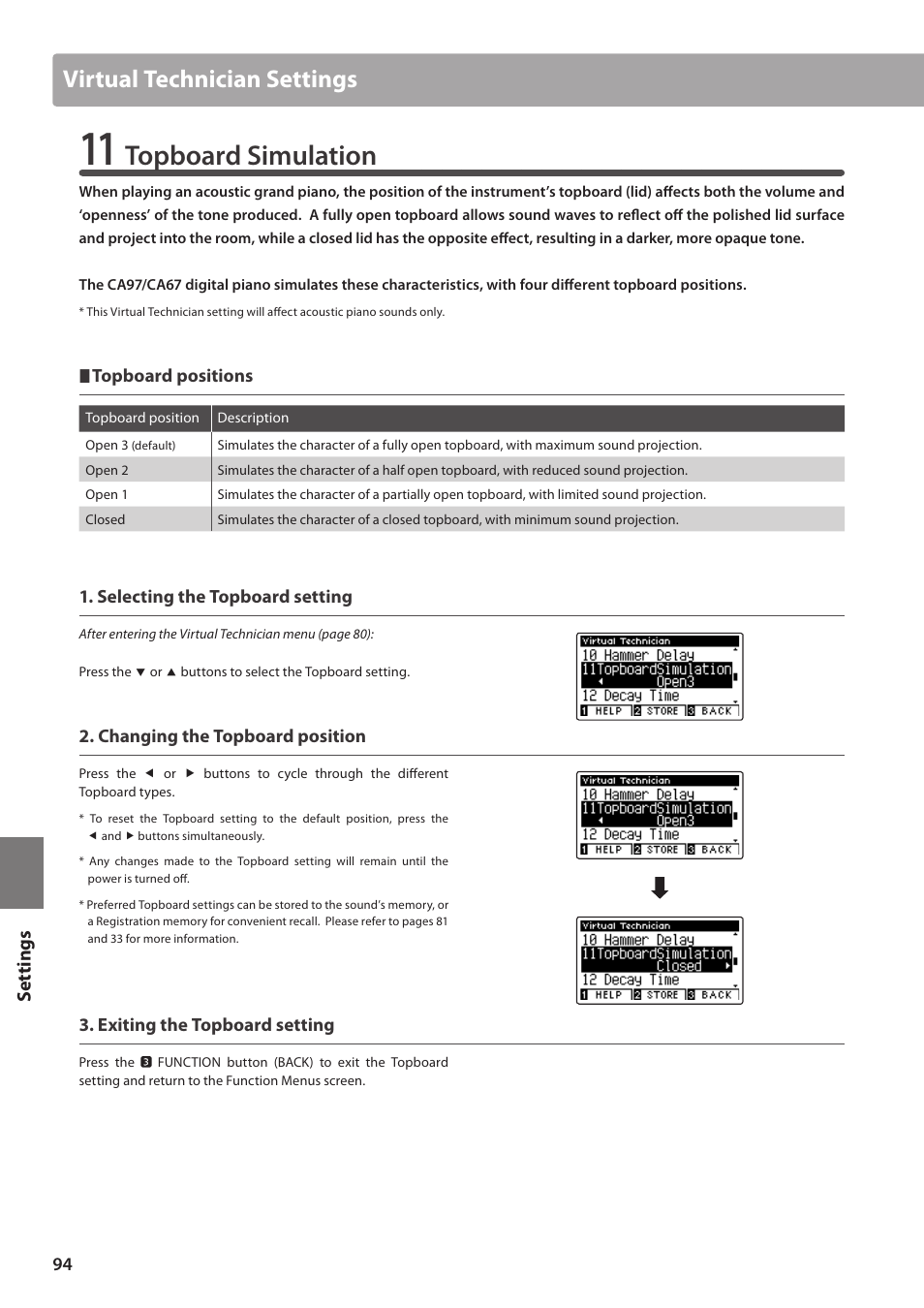 Topboard simulation, Virtual technician settings, Set tings | Kawai CA97 User Manual | Page 94 / 152