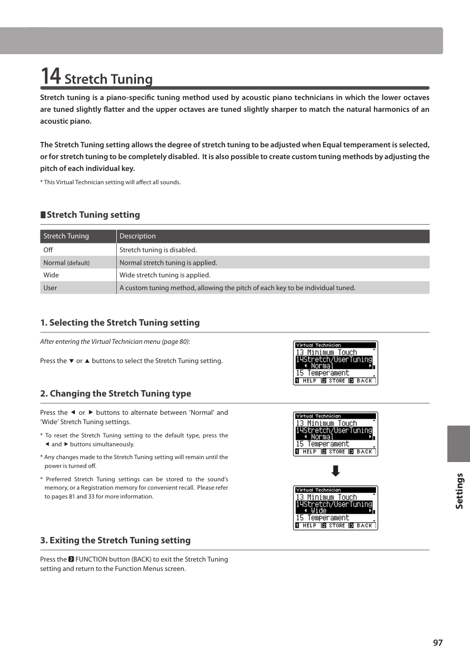 Stretch tuning, Set tings | Kawai CA97 User Manual | Page 97 / 152
