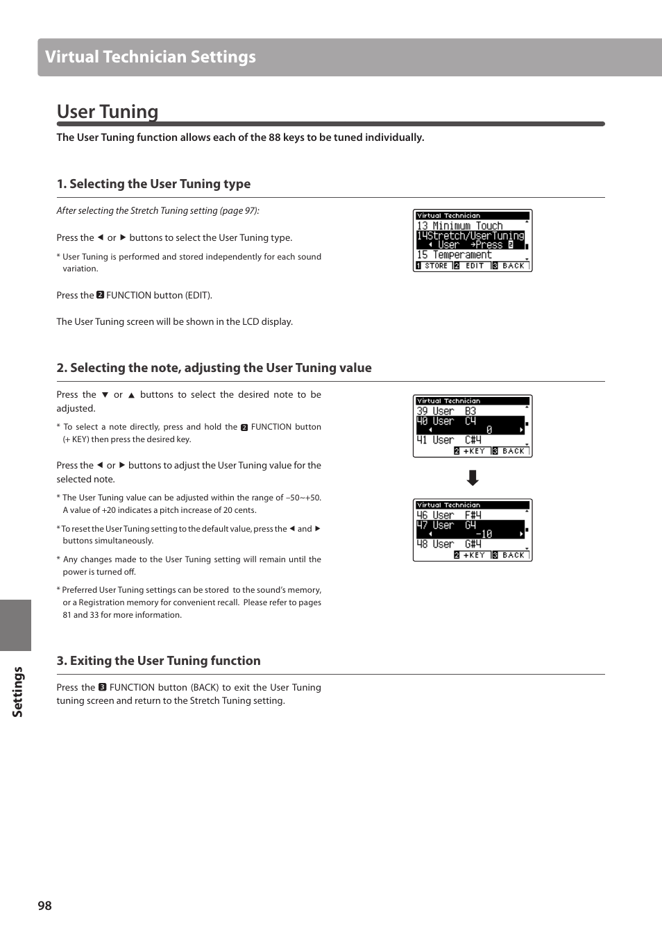 User tuning, Virtual technician settings, Set tings | Selecting the user tuning type, Exiting the user tuning function | Kawai CA97 User Manual | Page 98 / 152
