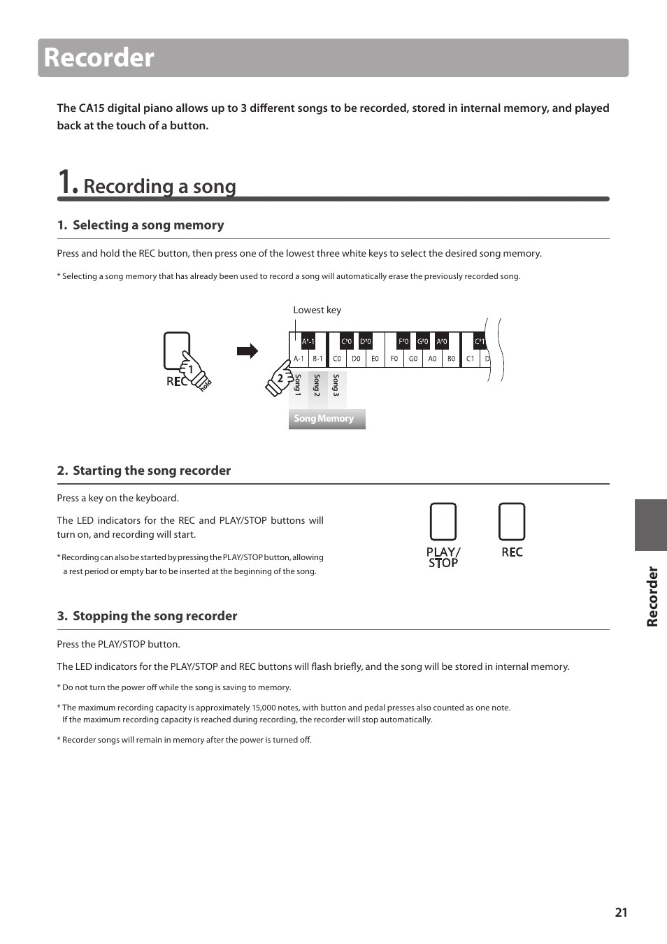 Recorder, Recording a song, Re corde r | Kawai CA15 User Manual | Page 21 / 54