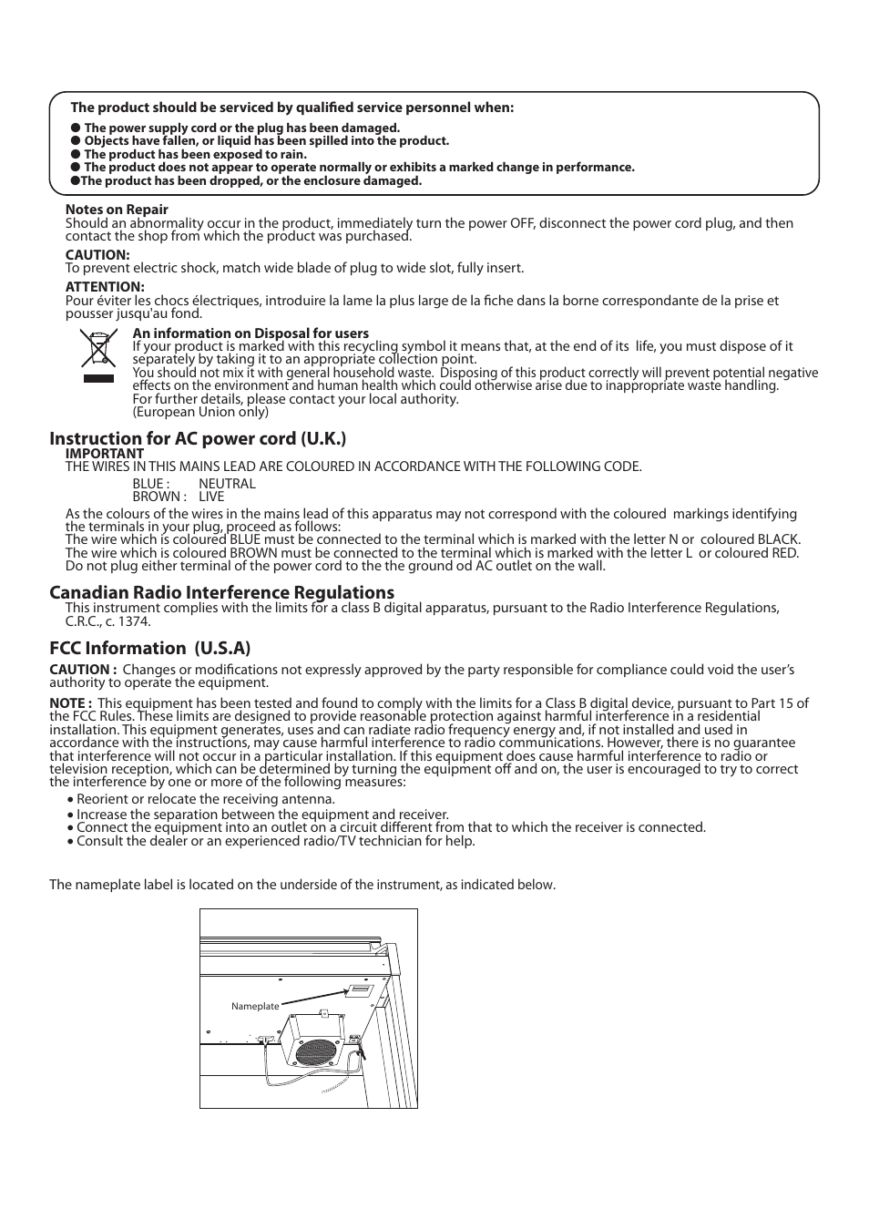 Instruction for ac power cord (u.k.), Canadian radio interference regulations, Fcc information (u.s.a) | Kawai CA15 User Manual | Page 7 / 54
