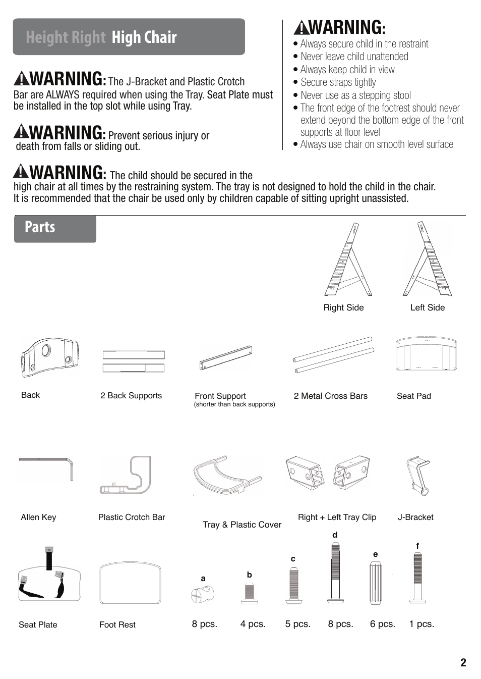 Warning, Height right, High chair | Parts | Keekaroo Height Right High Chair + Tray User Manual | Page 2 / 8