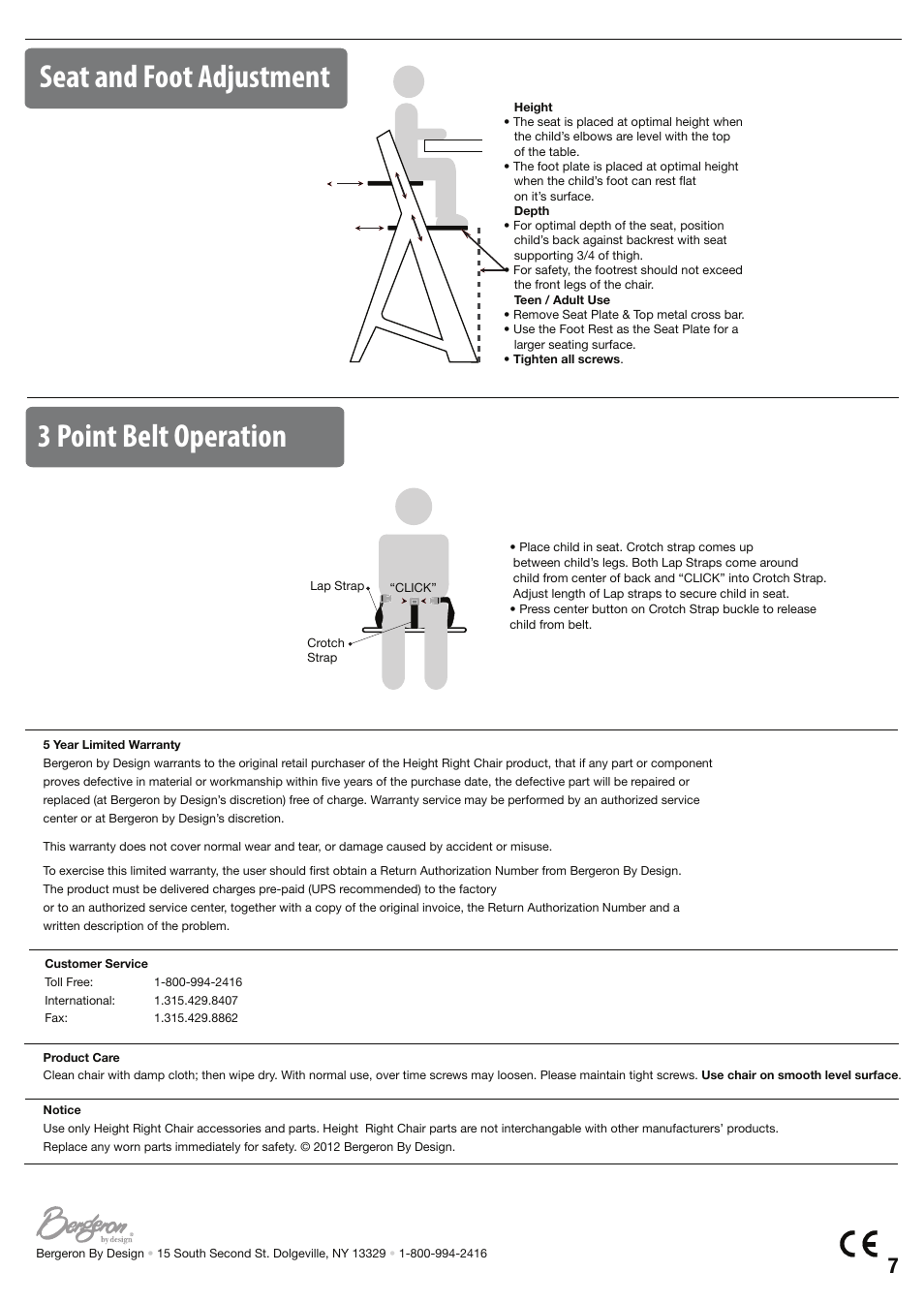 Seat and foot adjustment 3 point belt operation | Keekaroo Height Right High Chair + Tray User Manual | Page 8 / 8