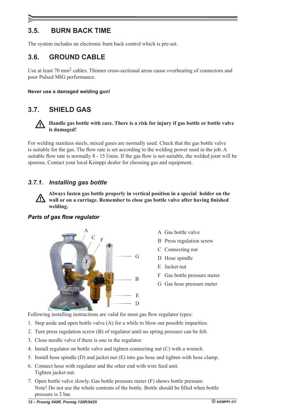 Burn back time, Ground cable, Shield gas | Installing gas bottle | Kemppi Promig 540R User Manual | Page 12 / 20