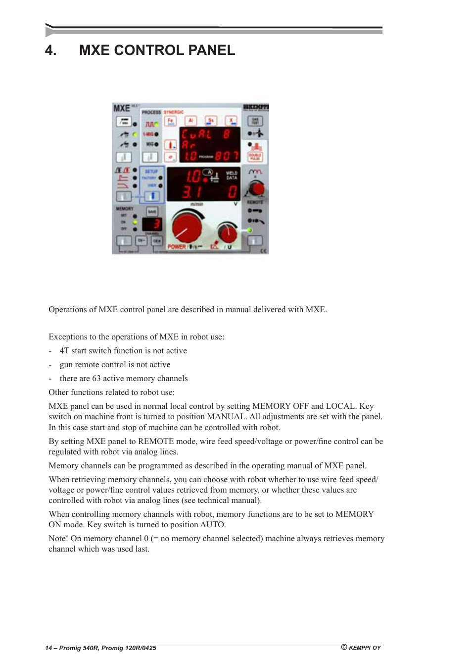 Mxe control panel | Kemppi Promig 540R User Manual | Page 14 / 20